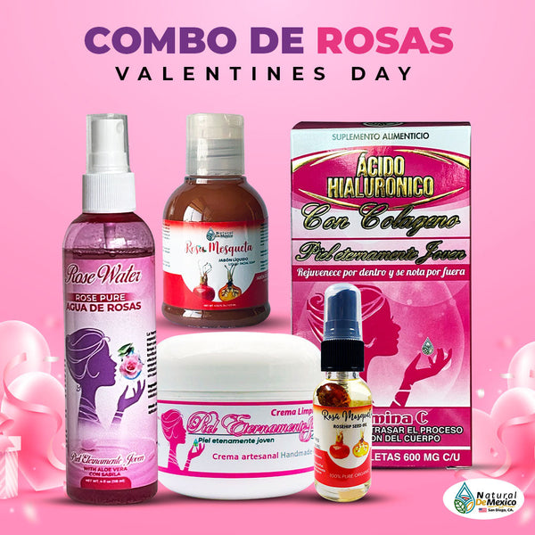 Combo San Valentin Cream Lupita T. t. Rose Water, Rosehip Oil, Rosehip Liquid Soap and Hyaluronic Acid Supplement