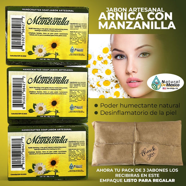 Jabon de Arnica con Manzanilla Handmade Soap Bar Arnica and Chamomile Pack of 3