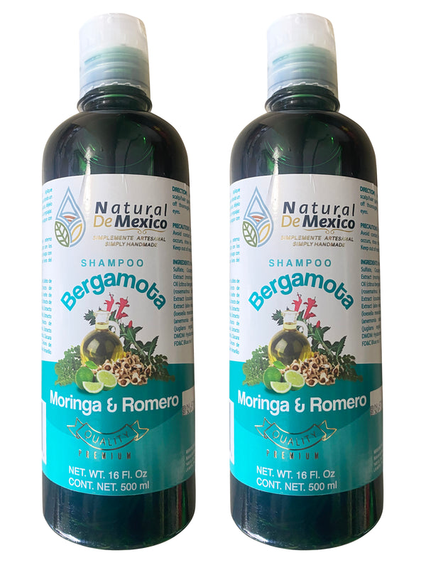 2 Pack Shampoo de Bergamota Organico con Moringa y Romero Shampoo 16 Fl Oz Enriquecido Premium Quality
