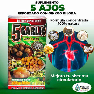 5 Ajos Suplemento Natural Reforzado con Ginkgo Biloba 90 Garlic Tabs.