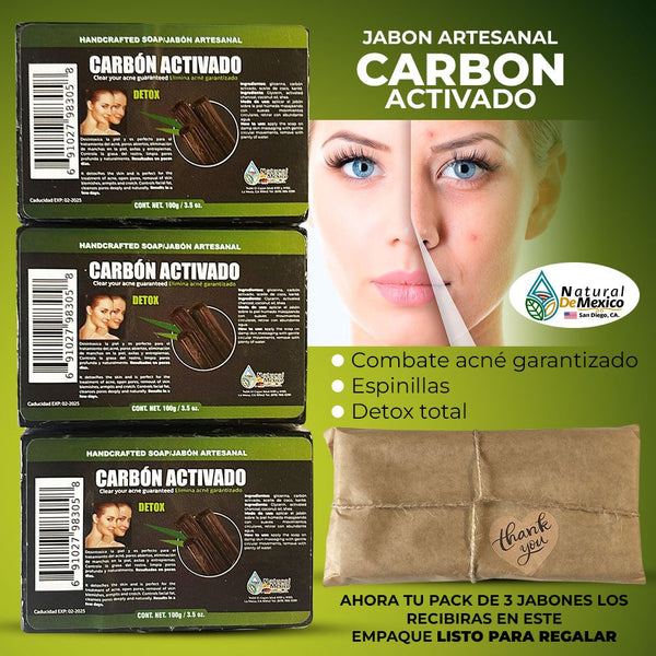 Jabon Bar de Carbon Activado Activated Charcoal Bar Soap Pack of 3 Treats Acne