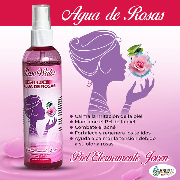 Rose Water Agua de Rosas con Sábila 4 oz. 118 ml. Tónico Facial 100% Natural