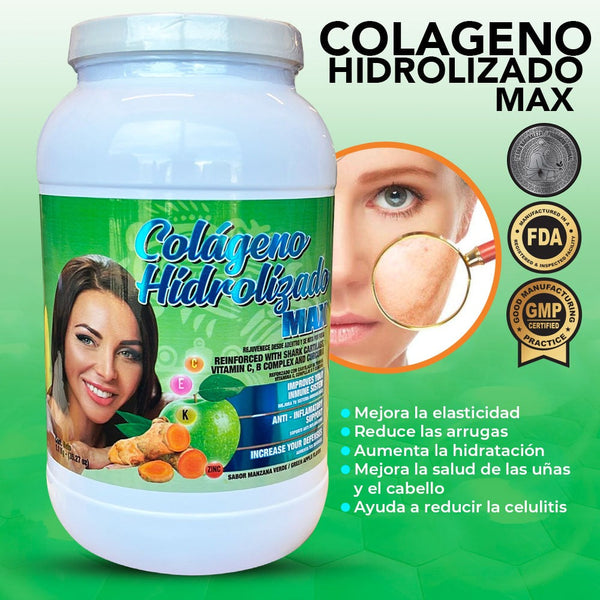 Colageno Hidrolizado MAX En Polvo Sabor Manzana Verde 1.1 Kg - 35.27 Oz Elasticidad Reduce Inflamacion Fortalece Musculos