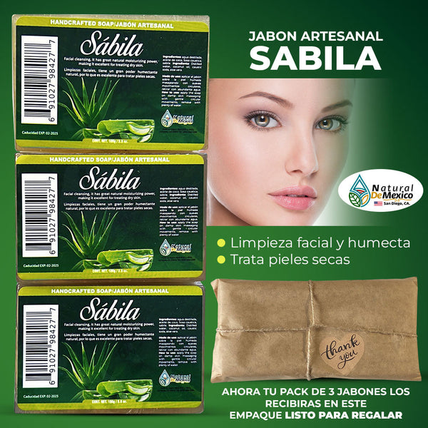 Jabon de Sabila Soap Aloe Vera Bar - Pack 3 Anti-Aging Effect - Rich in Vitamins