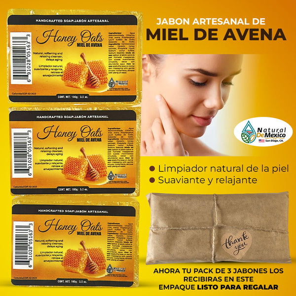 Jabon en Barra Artesanal Miel de Avena Pack de 3 Suavizante y Relajante Limpiador Natural