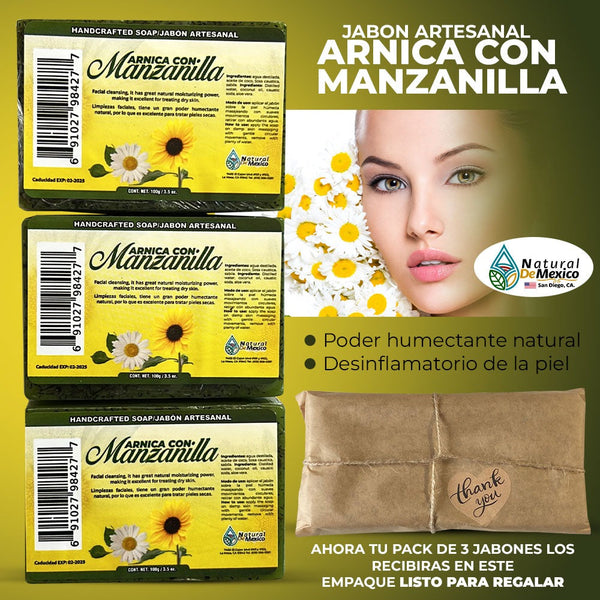 Jabon de Arnica con Manzanilla Handmade Soap Bar Arnica and Chamomile Pack de 3