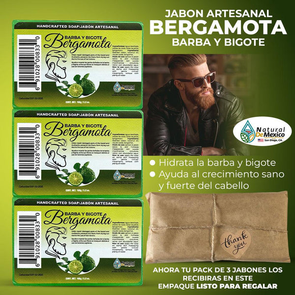 Jabon de Bergamota Barba y Bigote Bergamot Soap Beard Pack de 3 100% Natural