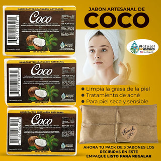 Jabon de Coco Herbal Soap Bar Coconut Pack de 3 Humectante y Aclarante Natural