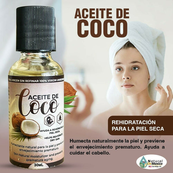 Aceite de Coco 30ml. Organic Coconut Oil 100% pure for Hair, Skin & Massage