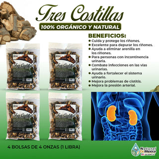 Palo Tres Costillas hierba tea cuida y protege los riñones 1 Lb (4 de 4oz)-453g.