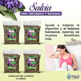 Salvia Sage Leaf Salbia digestion y balance hormonal 1 Libra (4 de 4 oz)-453g.