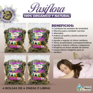 Pasiflora Passion Flower herbal tea evita y ataca insomnio 1 Lb(4 de 4 oz)-453g.
